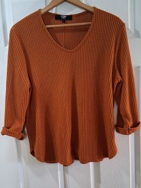 Coin 1804 Orange Waffle Knit V-Neck Pullover